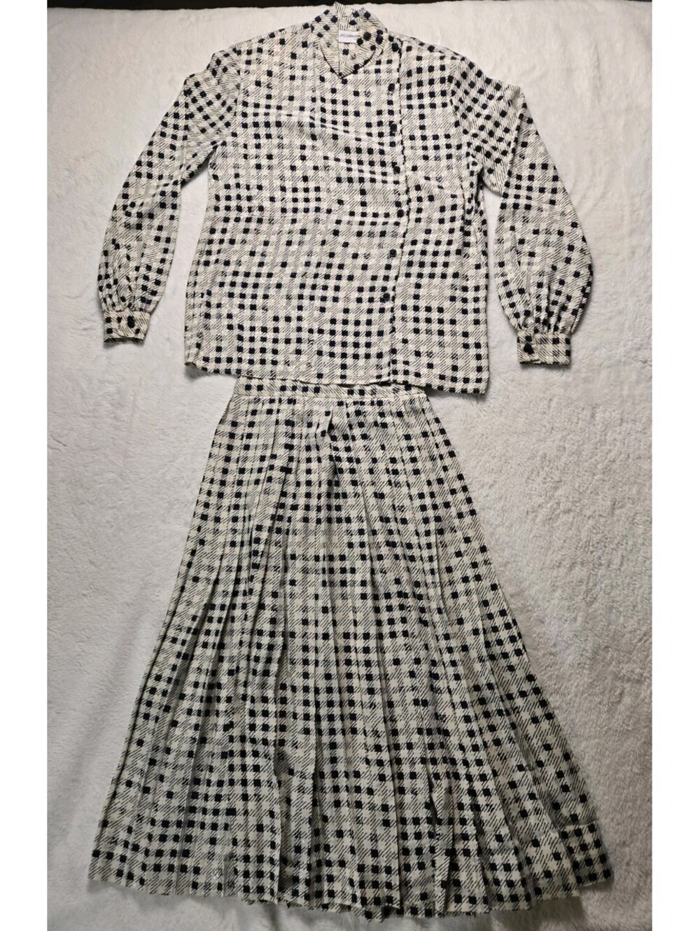 Vtg JH Collectibles Petites Black/White Checkered Pleated Skirt Blouse Set Sz 6